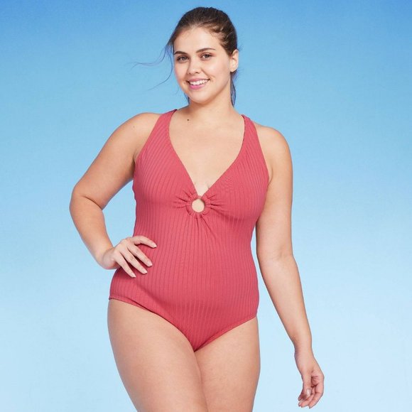 Women's Wide Ribbed Ring Medium Coverage One Piece Swimsuit Kona Sol Red Small - Picture 4 of 8